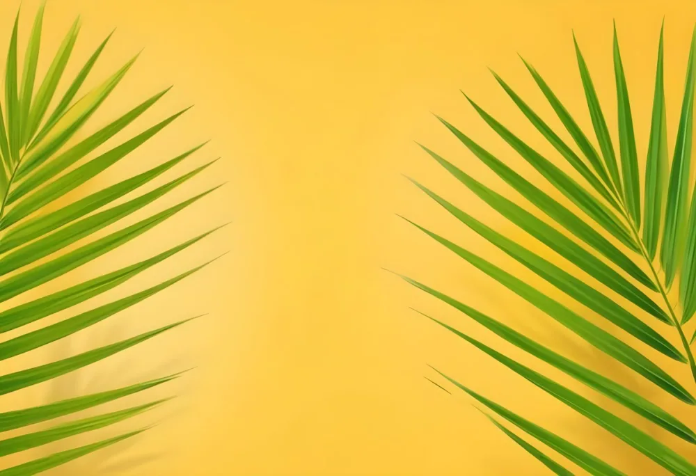Two Green Palm Leaves On The Sides Symmetrical Composition Vibrant Green Background Tropical Theme Minimalist Design Bright Lighting Clean Aesthetic Summer Vibes Nature Inspired Simple And Elegant 44 E06c