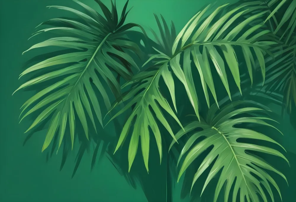 Two Green Palm Leaves On The Sides Symmetrical Composition Vibrant Green Background Tropical Theme Minimalist Design Bright Lighting Clean Aesthetic Summer Vibes Nature Inspired Simple And Elegant 47 265a