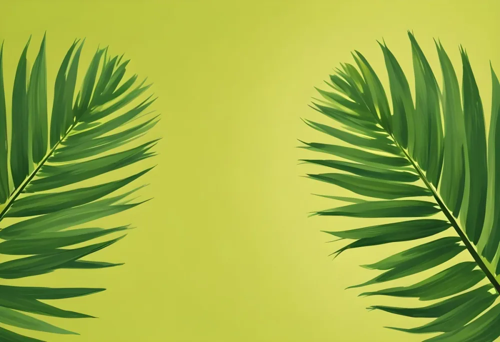 Two Green Palm Leaves On The Sides Symmetrical Composition Vibrant Green Background Tropical Theme Minimalist Design Bright Lighting Clean Aesthetic Summer Vibes Nature Inspired Simple And Elegant 6 5b82