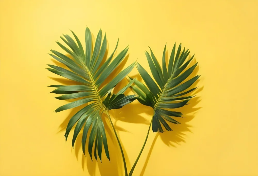 Two Green Palm Leaves One Slightly Overlapping The Other Creating A Sense Of Depth Vibrant Yellow Background Tropical Minimalist Composition Bright Lighting Clean Aesthetic 10 7a23