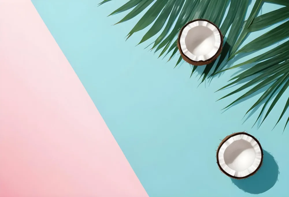Two Halves Of A Coconut And A Palm Leaf On A Diagonally Divided Background One Half Is Pink And The Other Half Is Light Blue 21 A98d