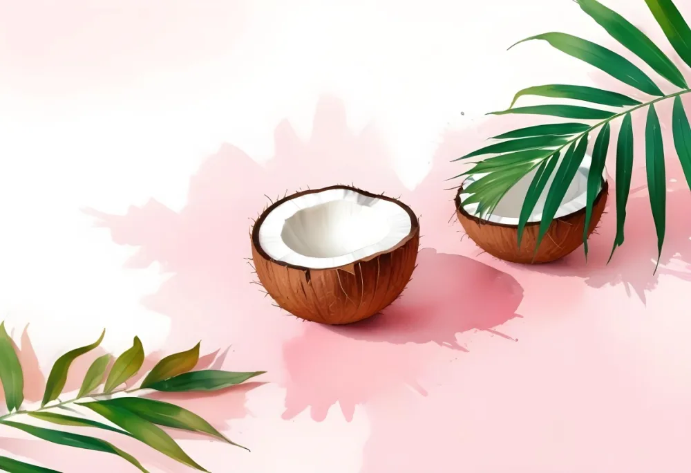 Two Halves Of A Coconut With Palm Leaves On A Pink Background One Half Is Empty And The Other Has The Fruit Inside 14 8008