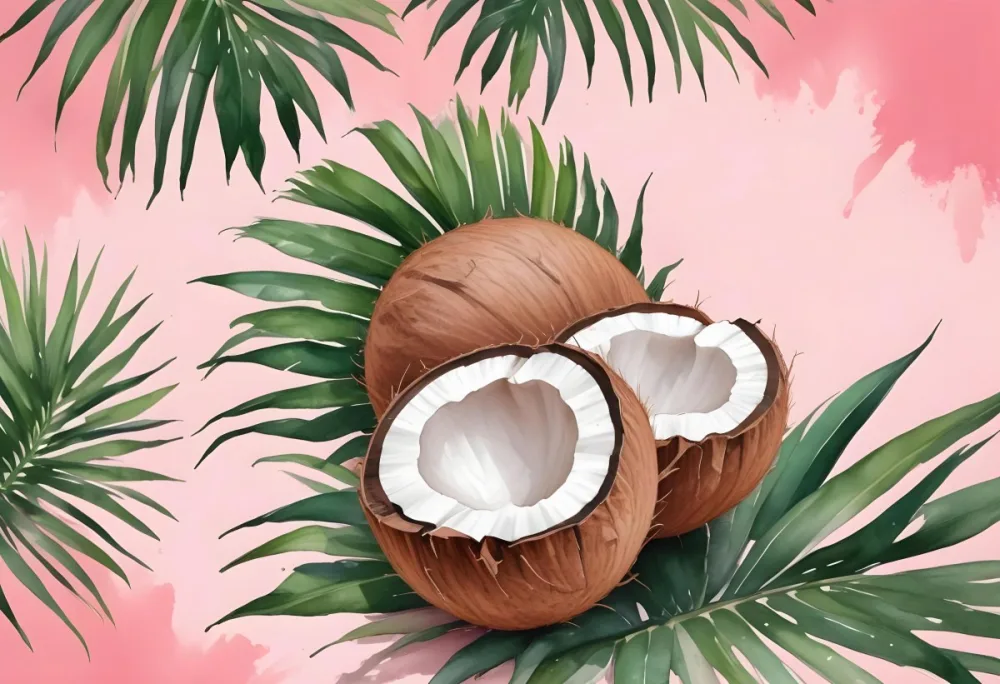 Two Halves Of A Coconut With Palm Leaves On A Pink Background One Half Is Empty And The Other Has The Fruit Inside 16 538f
