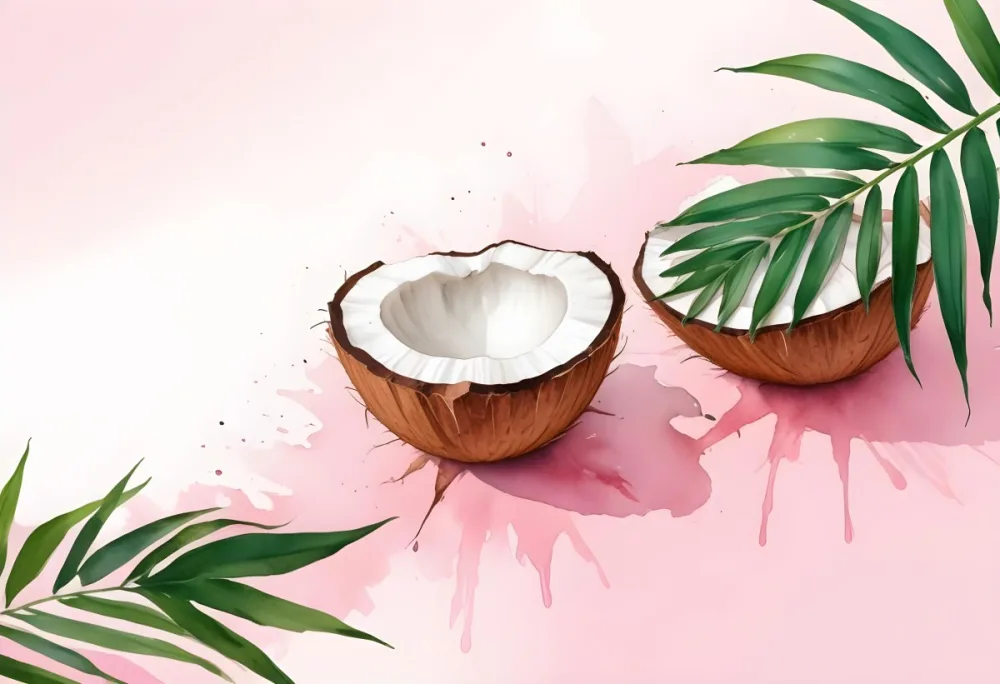 Two Halves Of A Coconut With Palm Leaves On A Pink Background One Half Is Empty And The Other Has The Fruit Inside 3 721f