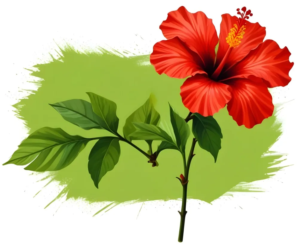 Two Red Hibiscus Flowers On A Green Brush Stroke White Background Vibrant Colors Tropical Theme Floral Design Botanical Illustration Decorative Element Nature Inspired Art 21 3c72