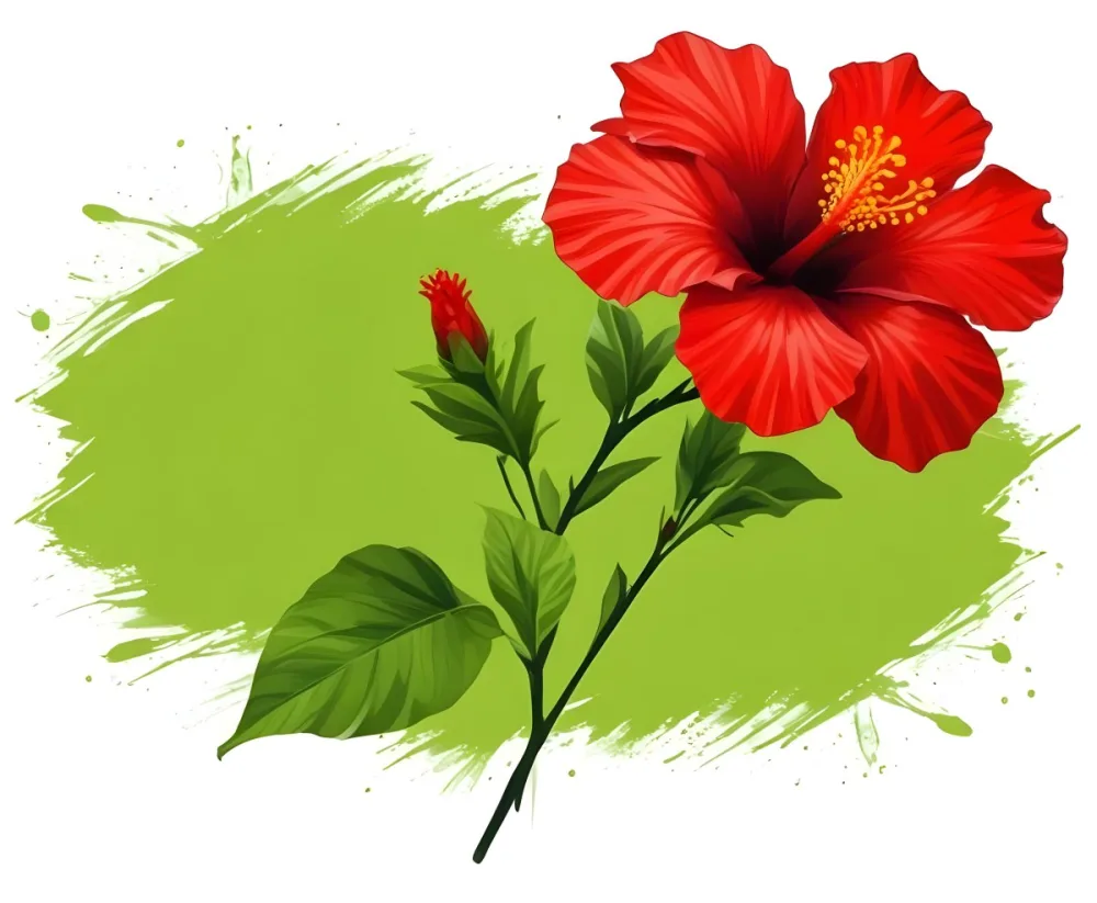 Two Red Hibiscus Flowers On A Green Brush Stroke White Background Vibrant Colors Tropical Theme Floral Design Botanical Illustration Decorative Element Nature Inspired Art 30 67cf