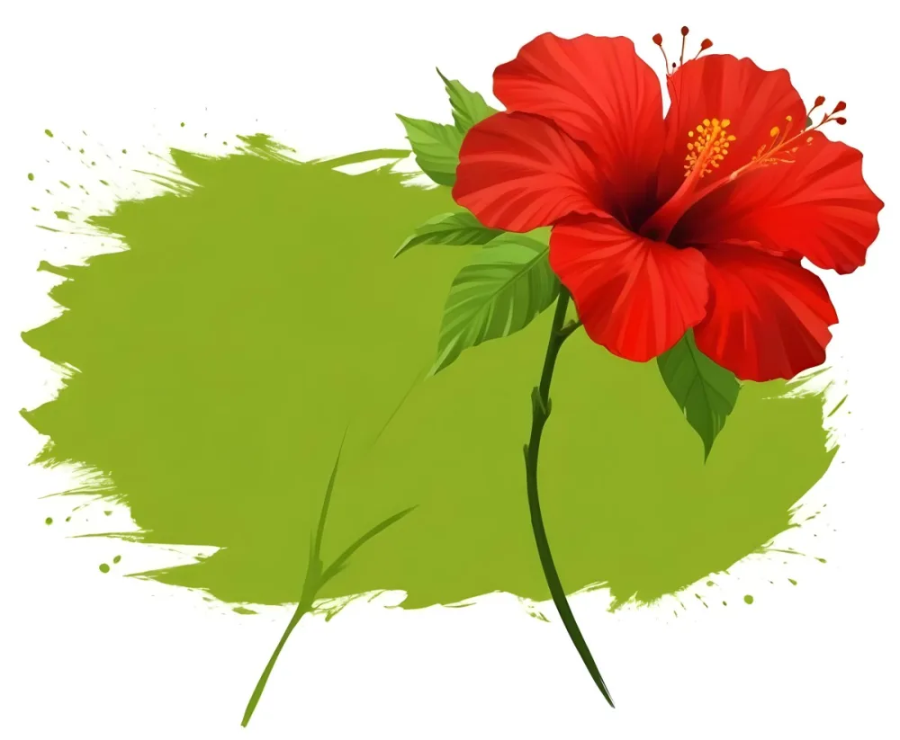 Two Red Hibiscus Flowers On A Green Brush Stroke White Background Vibrant Colors Tropical Theme Floral Design Botanical Illustration Decorative Element Nature Inspired Art 33 A5d9