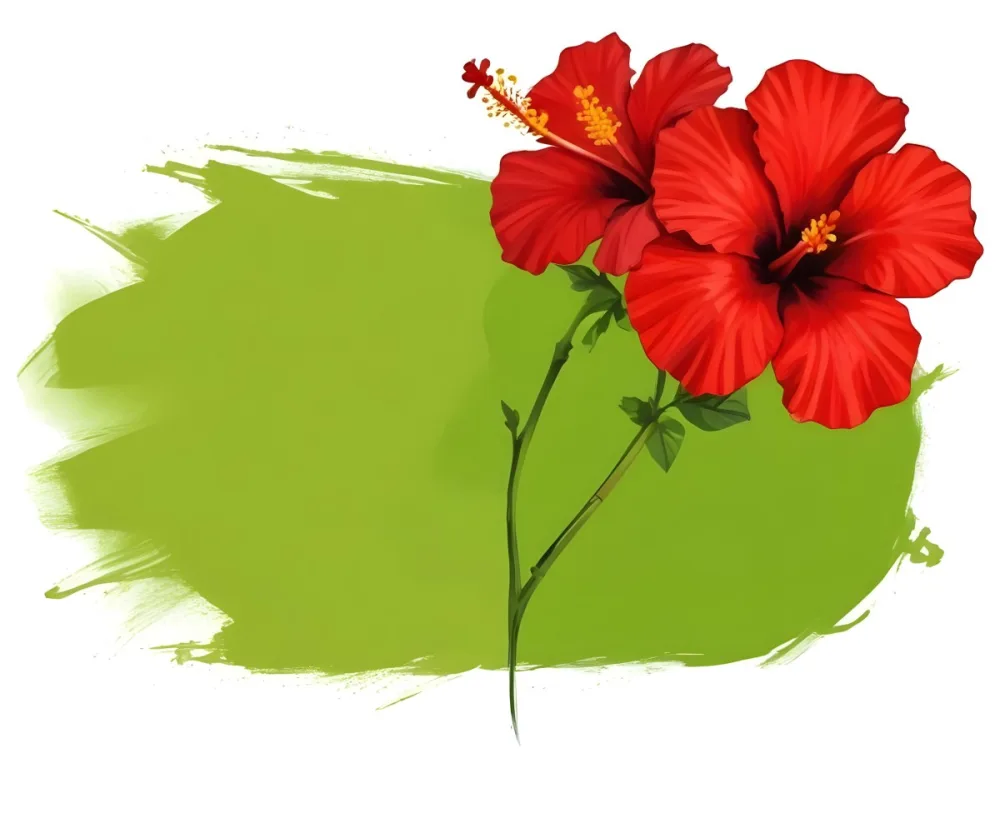 Two Red Hibiscus Flowers On A Green Brush Stroke White Background Vibrant Colors Tropical Theme Floral Design Botanical Illustration Decorative Element Nature Inspired Art 37 0922