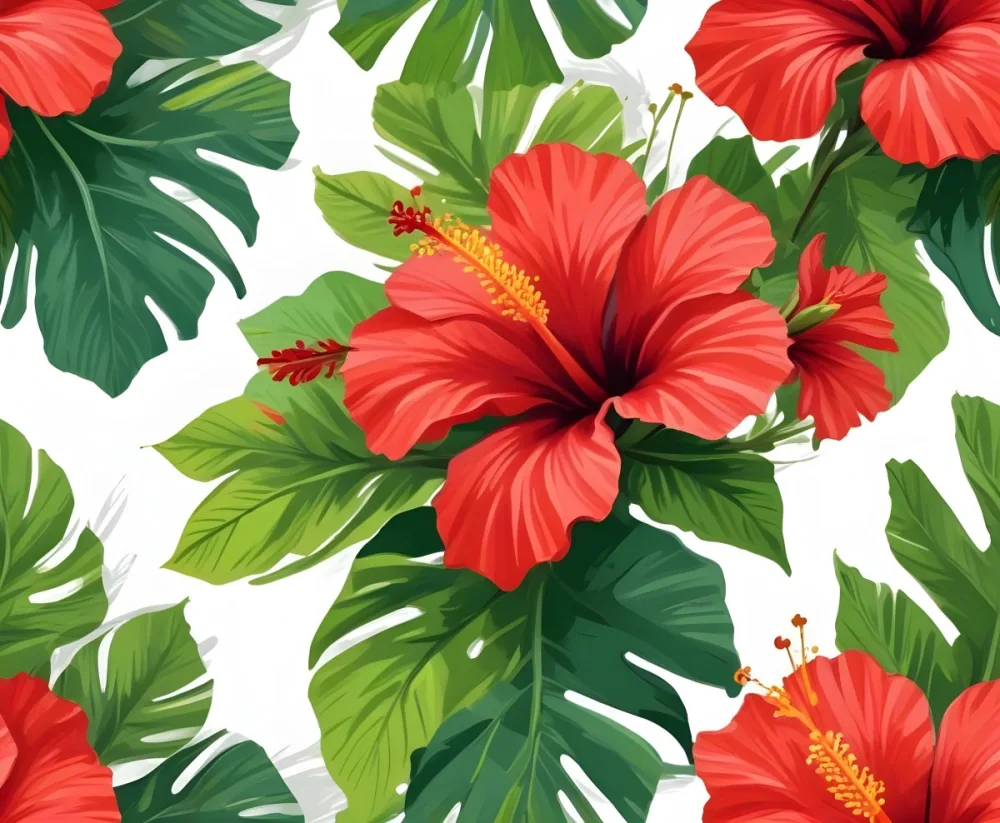 Two Red Hibiscus Flowers On A Green Brush Stroke White Background Vibrant Colors Tropical Theme Floral Design Botanical Illustration Decorative Element Nature Inspired Art 4 7175
