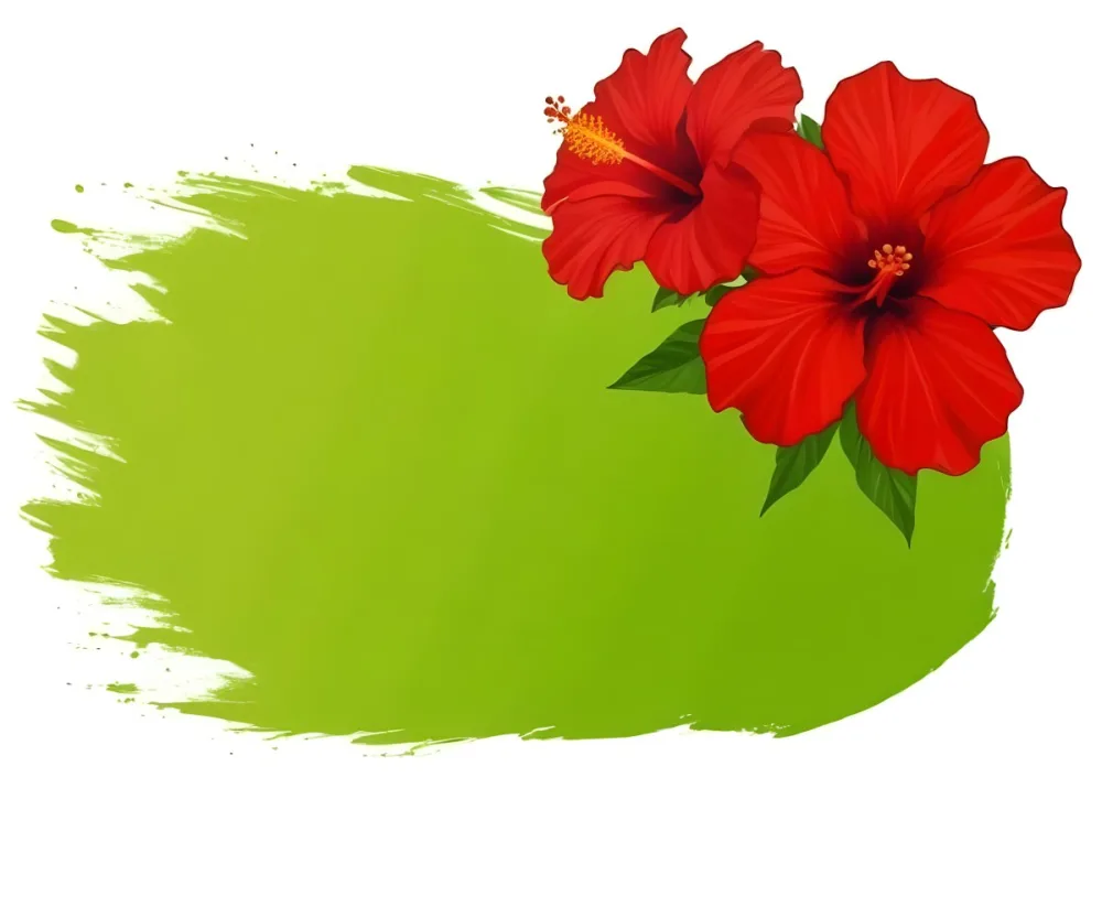 Two Red Hibiscus Flowers On A Green Brush Stroke White Background Vibrant Colors Tropical Theme Floral Design Botanical Illustration Decorative Element Nature Inspired Art 8 4bf4
