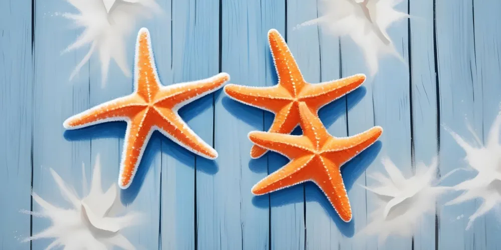 Two Starfish One White And One Orange On A Blue Wooden Surface With White Sand At The Bottom 11 2910