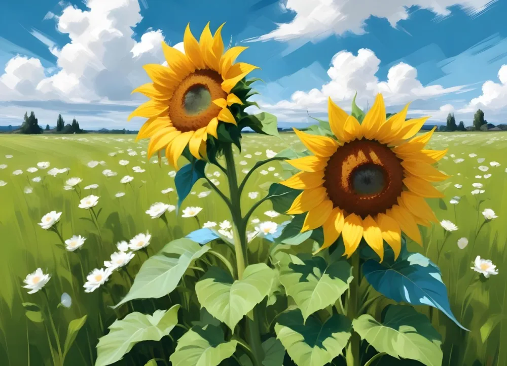 Two Sunflowers In A Green Field With White Flowers Blue Sky With White Clouds 11 50fd