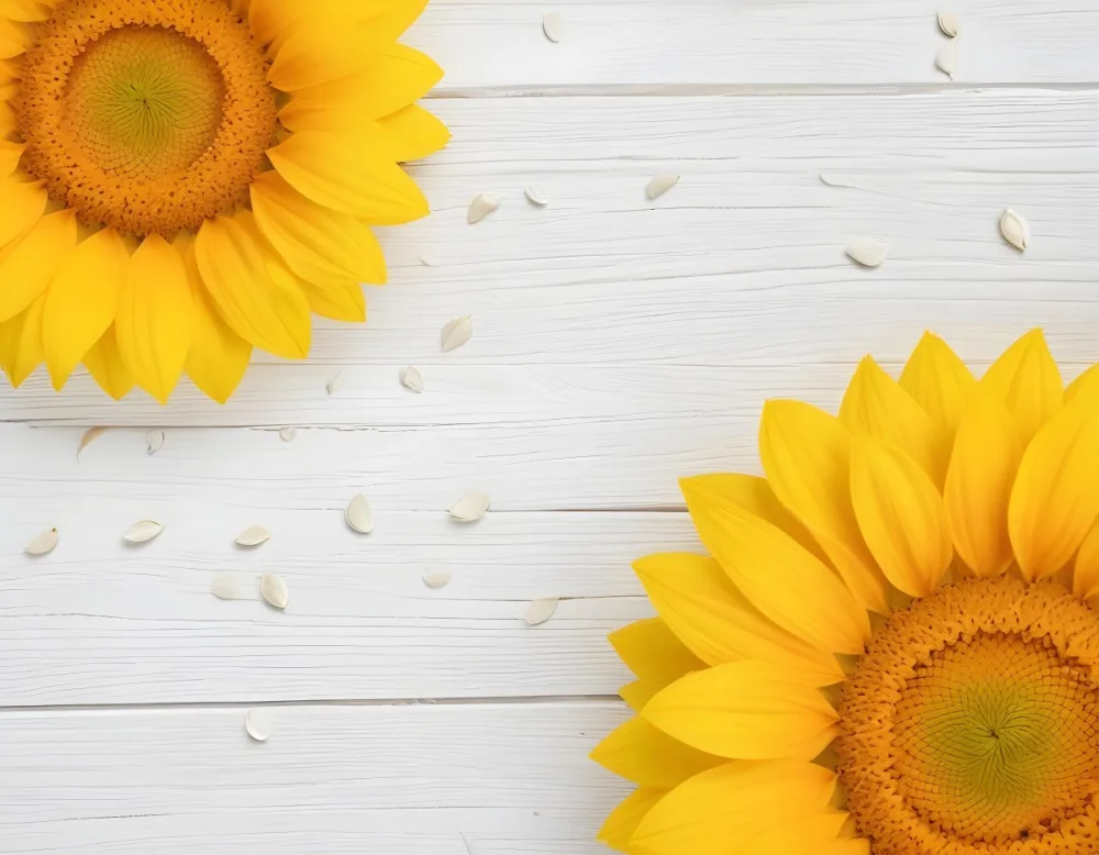 Two Sunflowers On The Corners Of The Image White Petals White Seeds White Wooden Background Bright Light High Angle View 15 D2f6