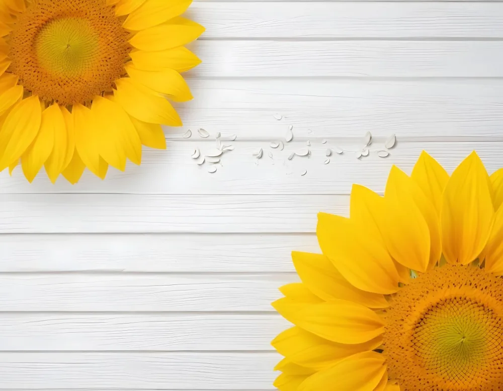 Two Sunflowers On The Corners Of The Image White Petals White Seeds White Wooden Background Bright Light High Angle View 17 D135