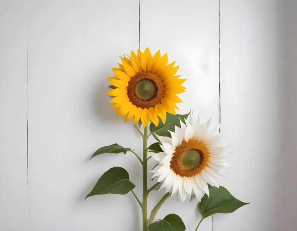 Two Sunflowers On The Corners Of The Image White Petals White Seeds White Wooden Background Bright Light High Angle View 24 2699