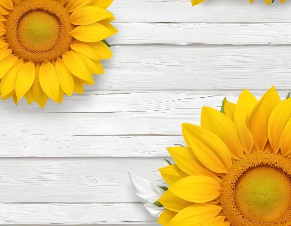 Two Sunflowers On The Corners Of The Image White Petals White Seeds White Wooden Background Bright Light High Angle View 38 Ea46