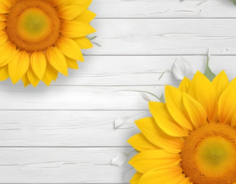 Two Sunflowers On The Corners Of The Image White Petals White Seeds White Wooden Background Bright Light High Angle View 47 Eb2d