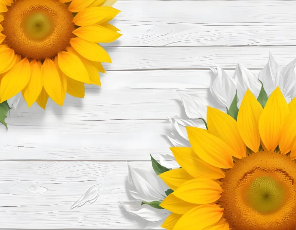 Two Sunflowers On The Corners Of The Image White Petals White Seeds White Wooden Background Bright Light High Angle View 53 80a9