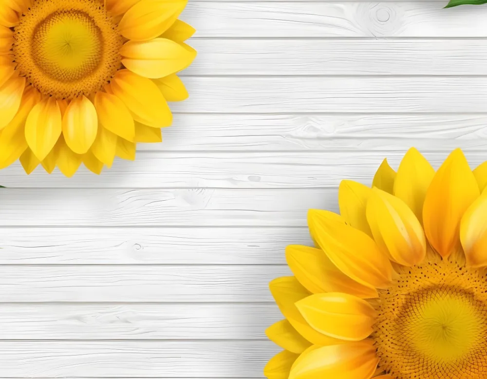 Two Sunflowers On The Corners Of The Image White Petals White Seeds White Wooden Background Bright Light High Angle View 56 5ef9