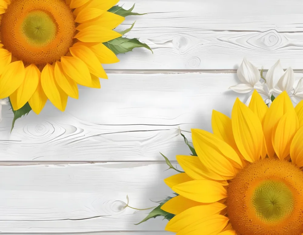 Two Sunflowers On The Corners Of The Image White Petals White Seeds White Wooden Background Bright Light High Angle View 59 Ef26
