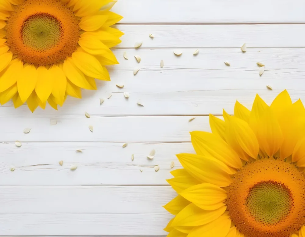 Two Sunflowers On The Corners Of The Image White Petals White Seeds White Wooden Background Bright Light High Angle View 6 48b0