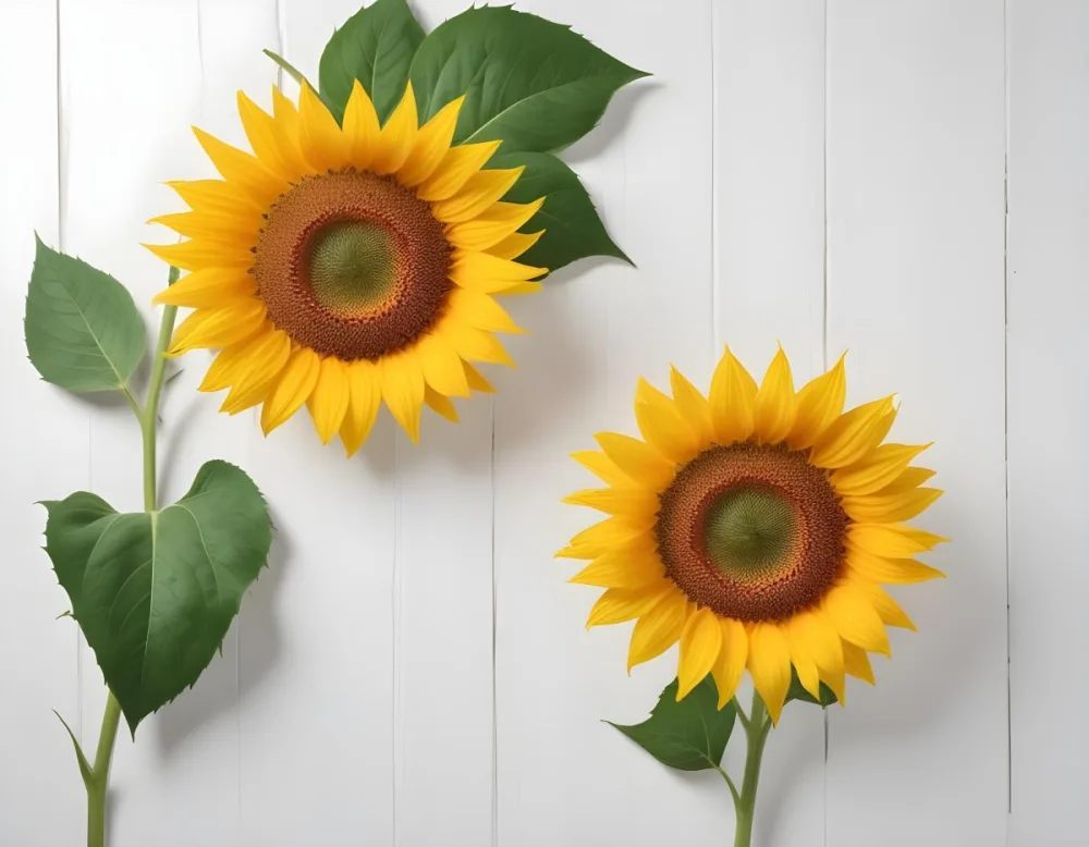Two Sunflowers On The Corners Of The Image White Petals White Seeds White Wooden Background Bright Light High Angle View 8 7da5