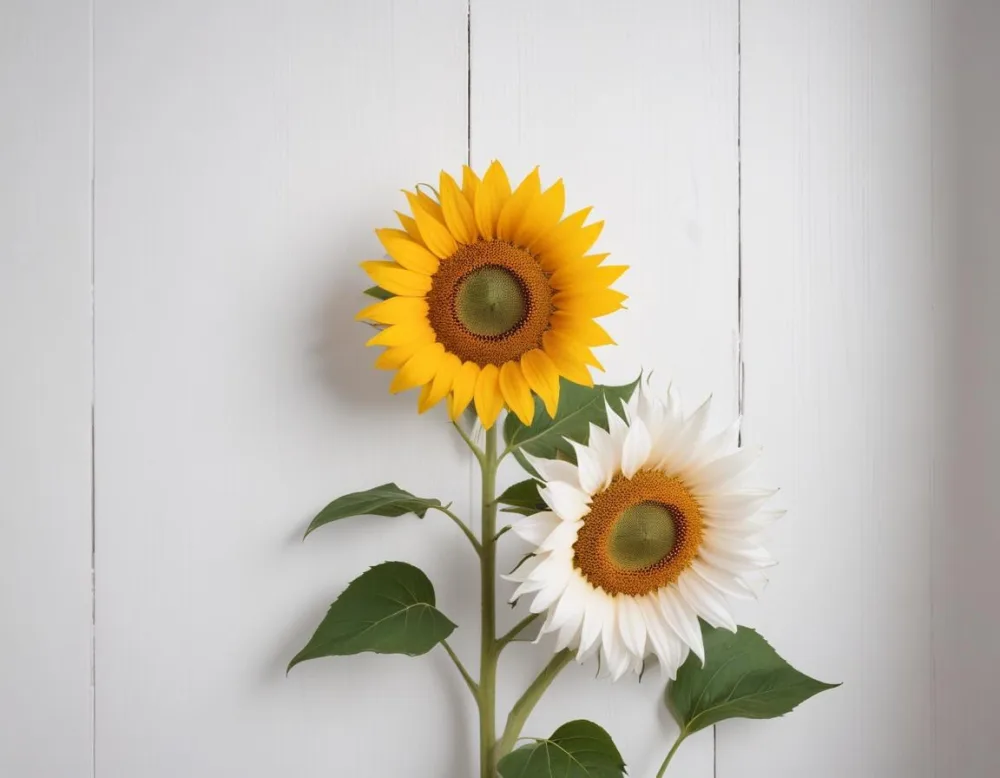 Two Sunflowers On The Corners Of The Image White Petals White Seeds White Wooden Background Bright Light High Angle View 9 3ef6