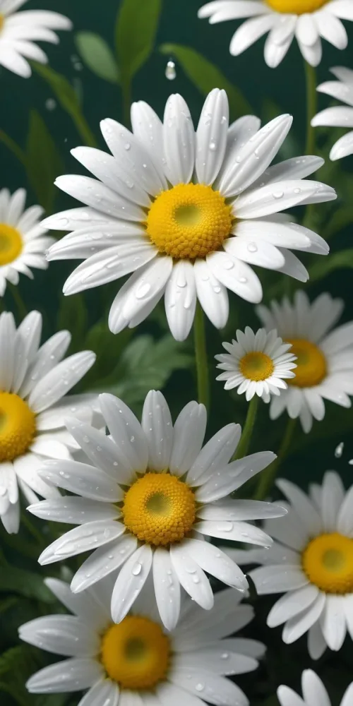 Two White Daisies With Water Drops On The Petals White Center Green Leaves Background Close Up Shot Macro Photography 22 Ec84