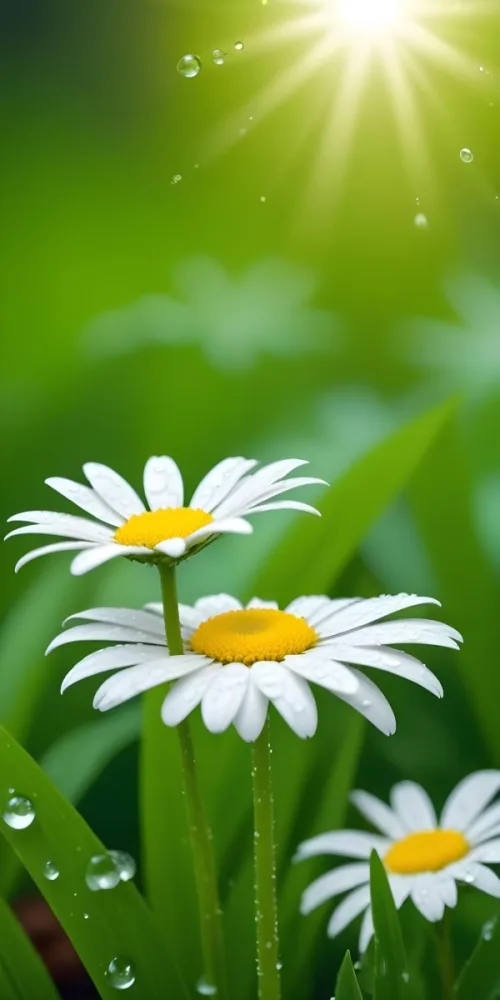 Two White Daisies With Water Drops On The Petals White Center Green Leaves Background Close Up Shot Macro Photography 35 1b1b