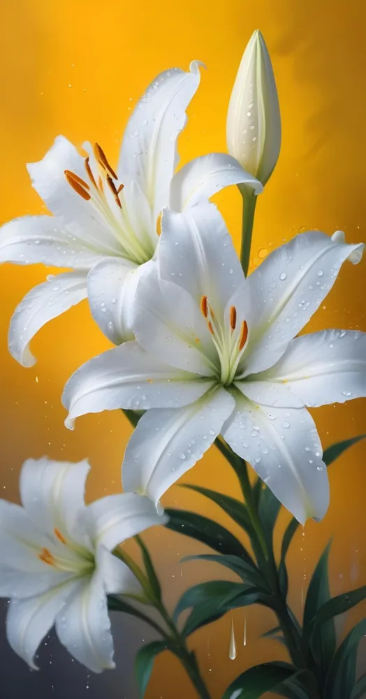Two White Lilies With Water Drops On The Petals White Pistils And A Blurred White Background 12 9588