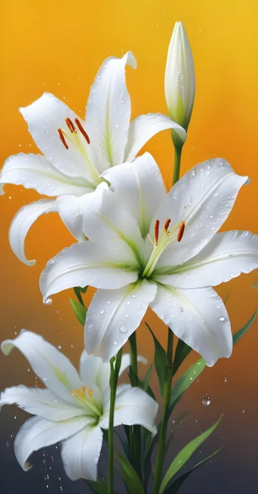 Two White Lilies With Water Drops On The Petals White Pistils And A Blurred White Background 16 406f