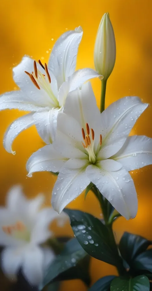 Two White Lilies With Water Drops On The Petals White Pistils And A Blurred White Background 2 143b