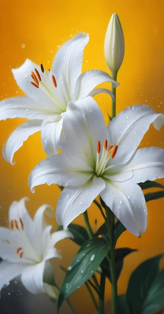 Two White Lilies With Water Drops On The Petals White Pistils And A Blurred White Background 20 Bf68