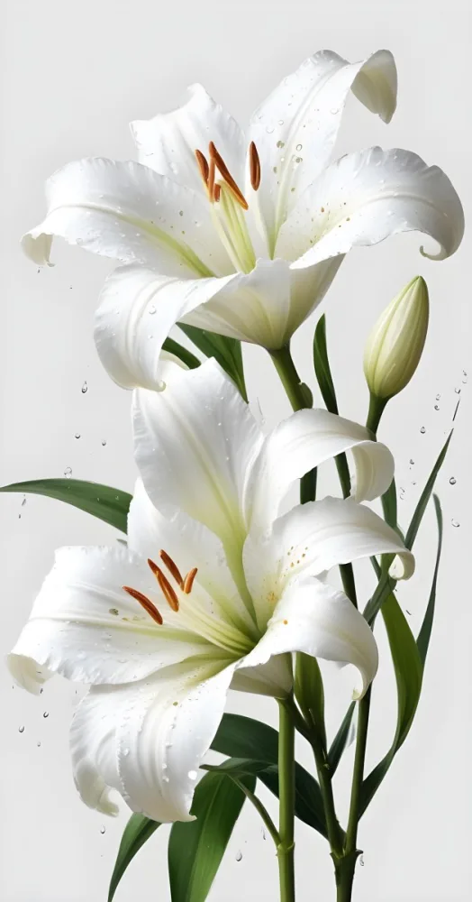Two White Lilies With Water Drops On The Petals White Pistils And A Blurred White Background 27 B601