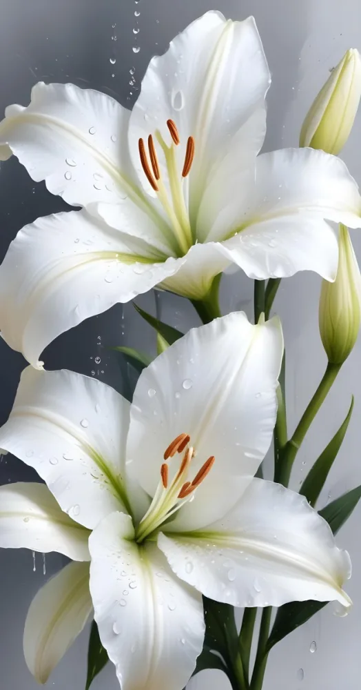Two White Lilies With Water Drops On The Petals White Pistils And A Blurred White Background 30 Fea8