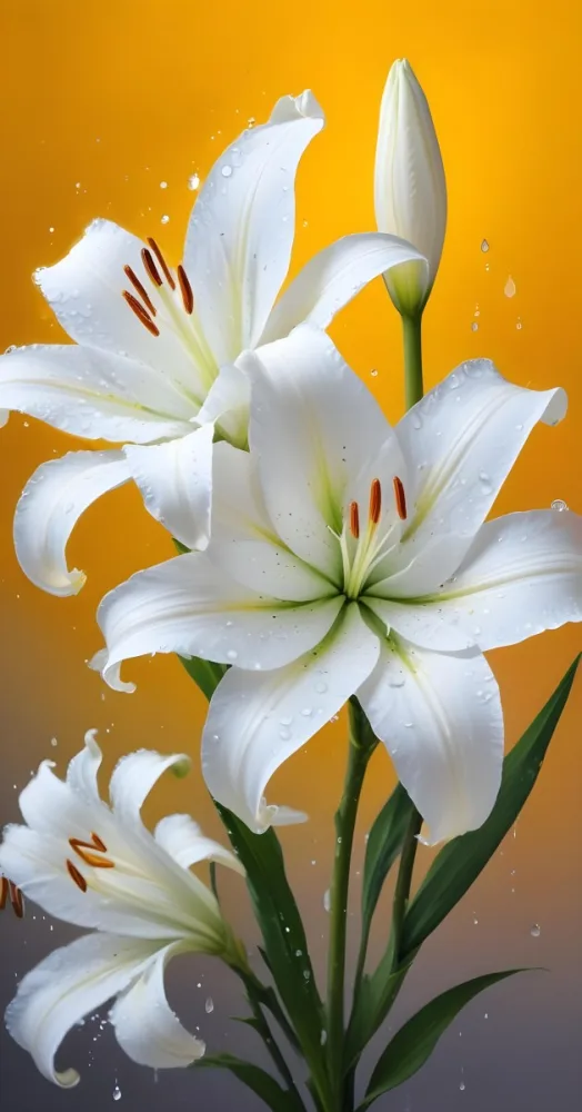 Two White Lilies With Water Drops On The Petals White Pistils And A Blurred White Background 32 E93e