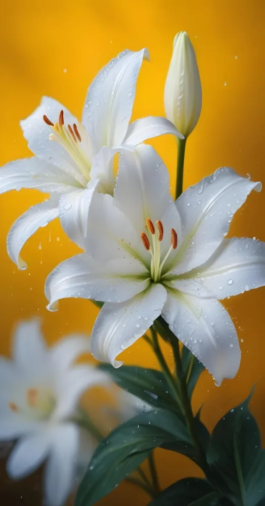 Two White Lilies With Water Drops On The Petals White Pistils And A Blurred White Background 4 De9f