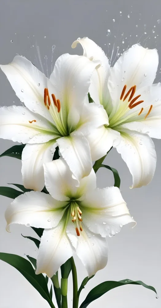 Two White Lilies With Water Drops On The Petals White Pistils And A Blurred White Background 7 Fbdd