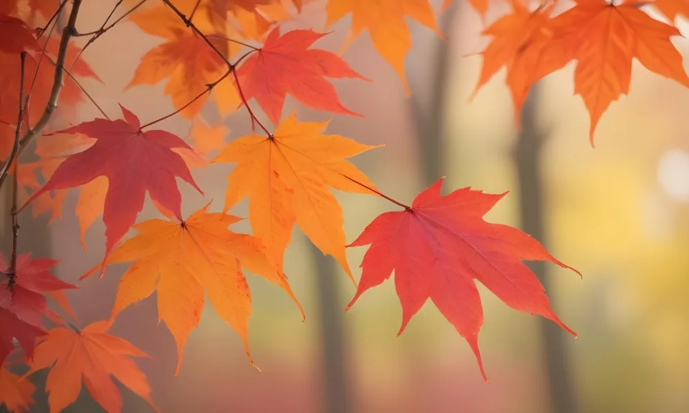 Vibrant Orange And Red Maple Leaves Against A Blurred Hazy Background With A Warm Autumnal Color Palette 2 B410