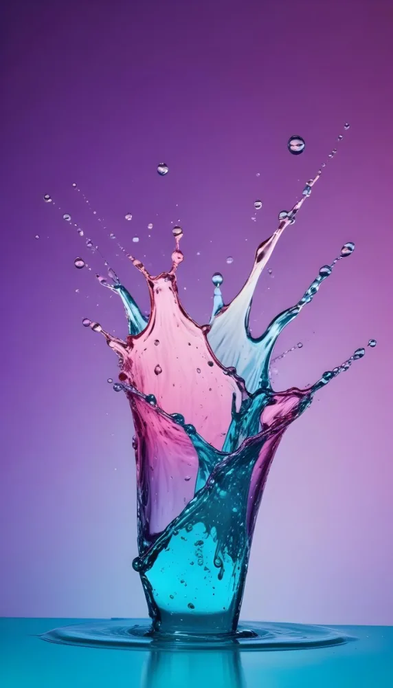 Water Splash With Droplets In The Air Smooth Gradient Background With Teal Purple And Pink Colors Studio Shot High Speed Photography 16 0c35