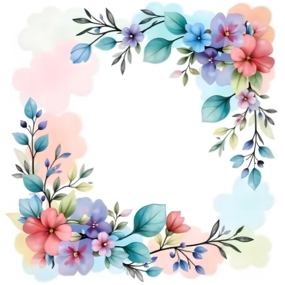 Watercolor Floral Frame With Pink Blue And Green Flowers And Leaves Arranged In The Upper Right And Lower Left Corners White Background 7 8f3f