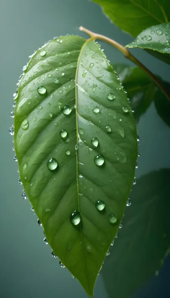 Watercolor Painting Close Up Of A Green Leaf Covered In Water Droplets Showcasing The Leaf S Texture And The Clarity Of The Droplets Creative Detailed Brush Stroke Minimal Spalsh 41 892c