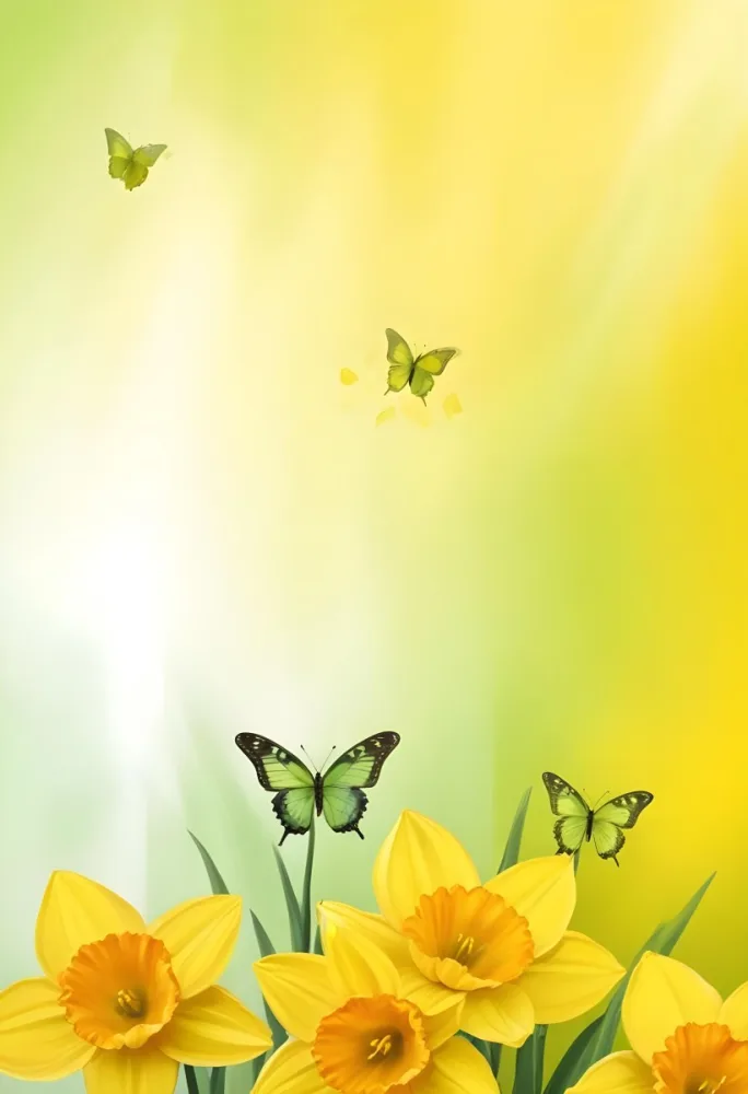 Watercolor Painting Two Butterflies Flying Over Yellow Daffodils In A Gradient Background Of Yellow And Green Spring Concept Bright Colors Creative Detailed Brush Stroke Minimal Spalsh 58 C0a3