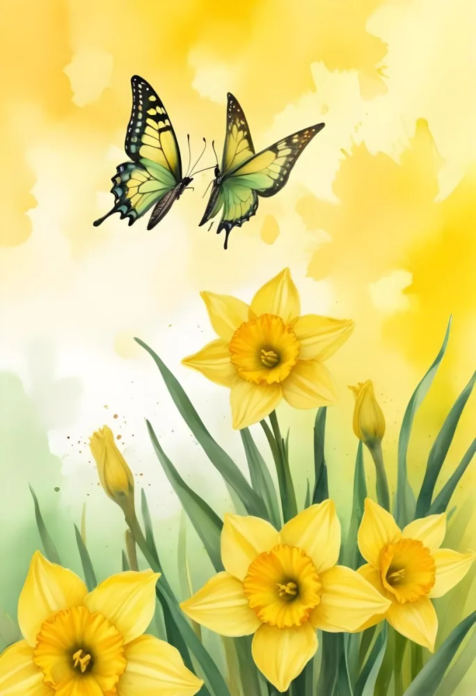 Watercolor Painting Two Butterflies Flying Over Yellow Daffodils In A Gradient Background Of Yellow And Green Spring Concept Bright Colors Creative Detailed Brush Stroke Minimal Spalsh 70 C44e