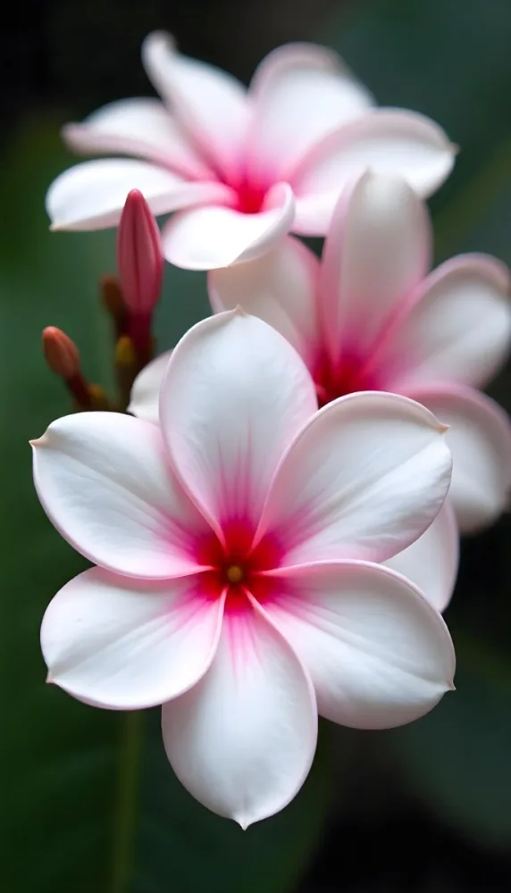 White And Pink Plumeria Flowers With Pink Centers Soft Lighting Vibrant Colors Close Up Shot Floral Arrangement Elegant Tropical Soft Botanical Detailed Petals Smooth Texture 15 E29e