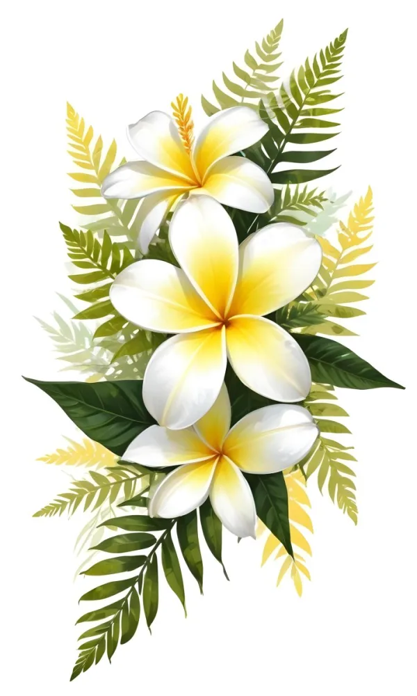 White And Yellow Plumeria Flowers With Yellow Leaves And Ferns On A Green Background 47 F2e4