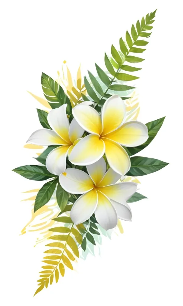 White And Yellow Plumeria Flowers With Yellow Leaves And Ferns On A Green Background 54 1c38