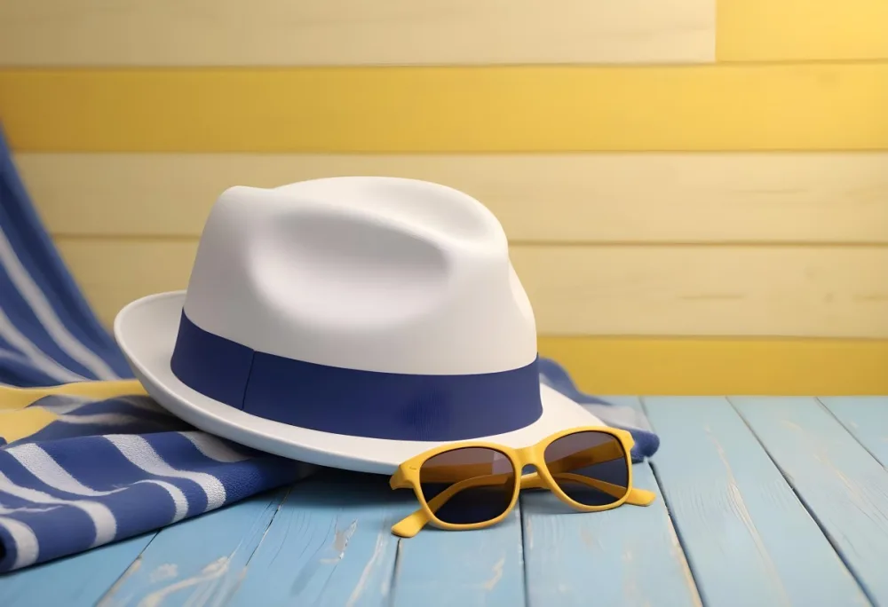 White Fedora Hat With A Blue Ribbon Blue Sunglasses And A Blue Striped Towel On A Yellow Wooden Table With A Yellow Wooden Background 6 D7b1