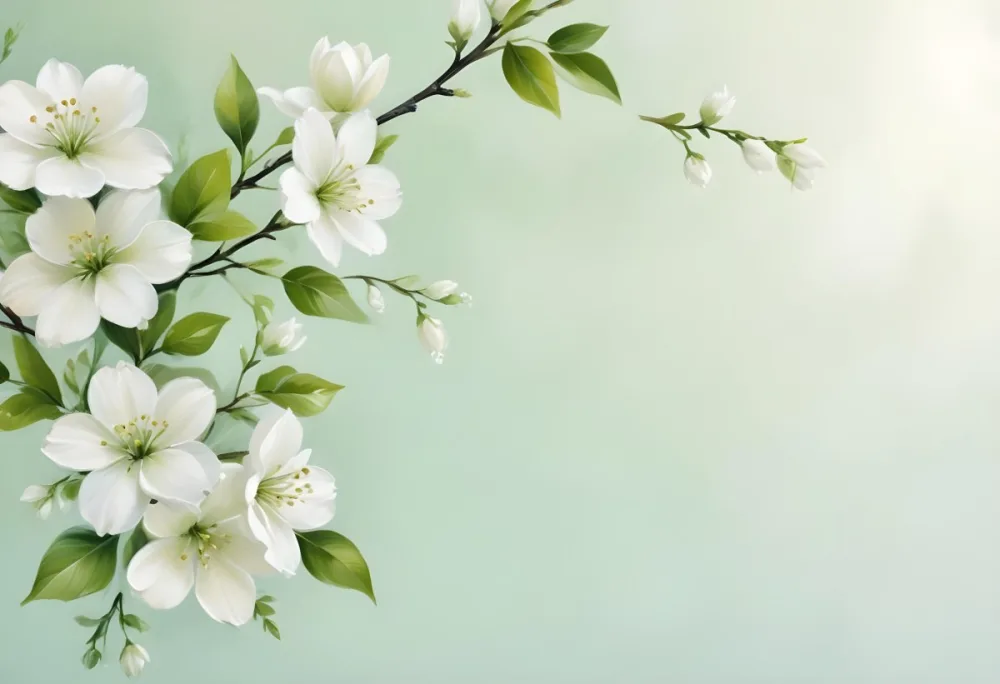 White Flowers And Green Leaves On A Light Green Textured Background Floral Arrangement Spring Theme Fresh And Vibrant Nature Inspired Design 26 De8a