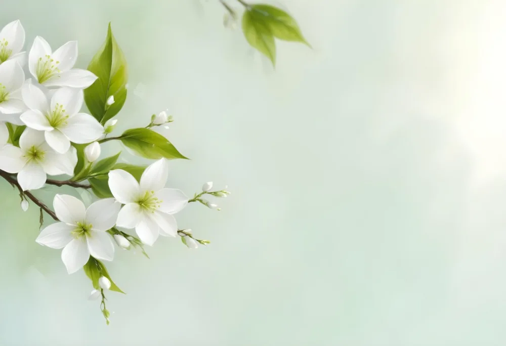 White Flowers And Green Leaves On A Light Green Textured Background Floral Arrangement Spring Theme Fresh And Vibrant Nature Inspired Design 42 7679